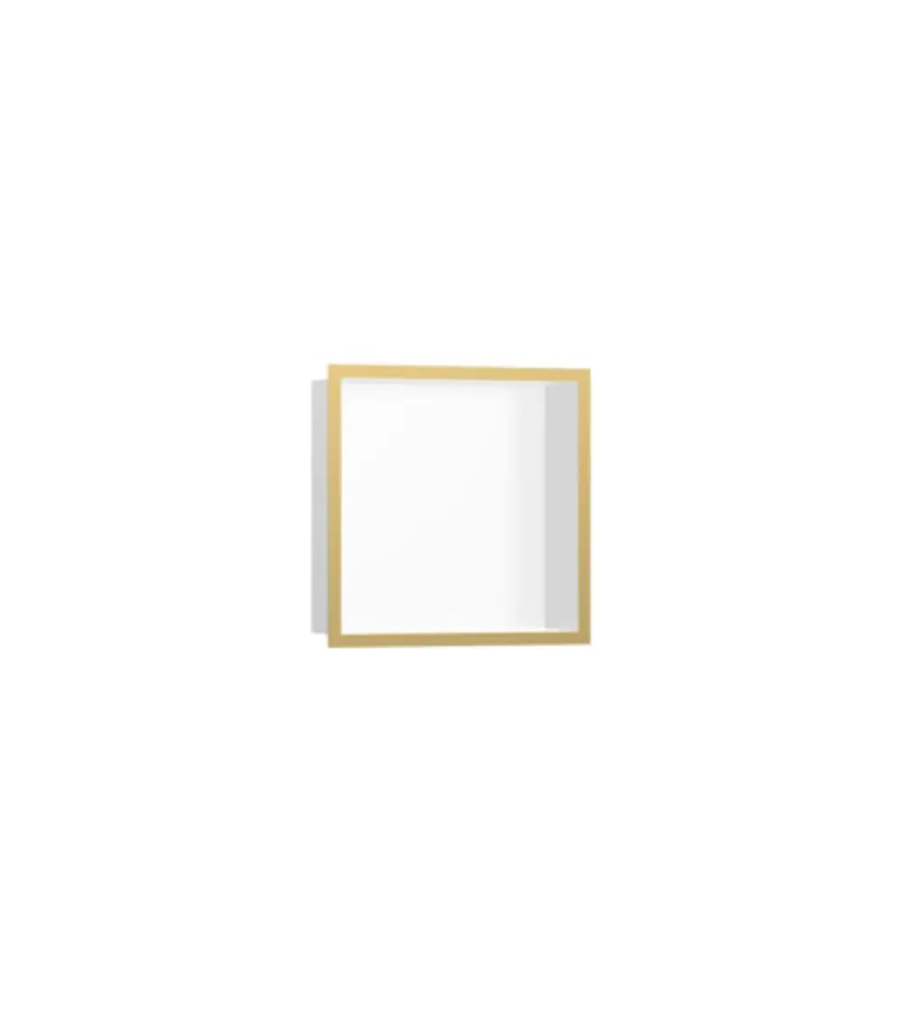 Wandnische in Mattweiß mit einem goldenen Designrahmen, geeignet für Badezimmeranwendungen. Von der Marke Hansgrohe.